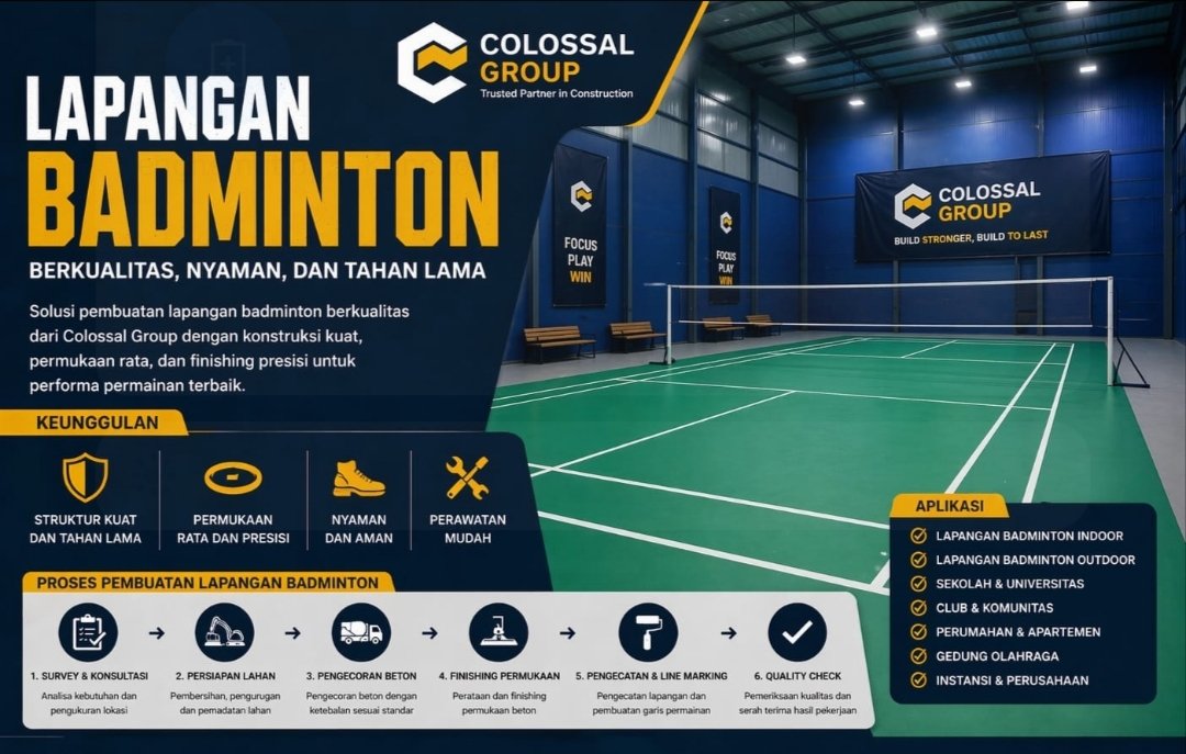 Pemasangan lantai karpet vinyl standar BWF pada lapangan badminton indoor dengan pencahayaan LED anti silau