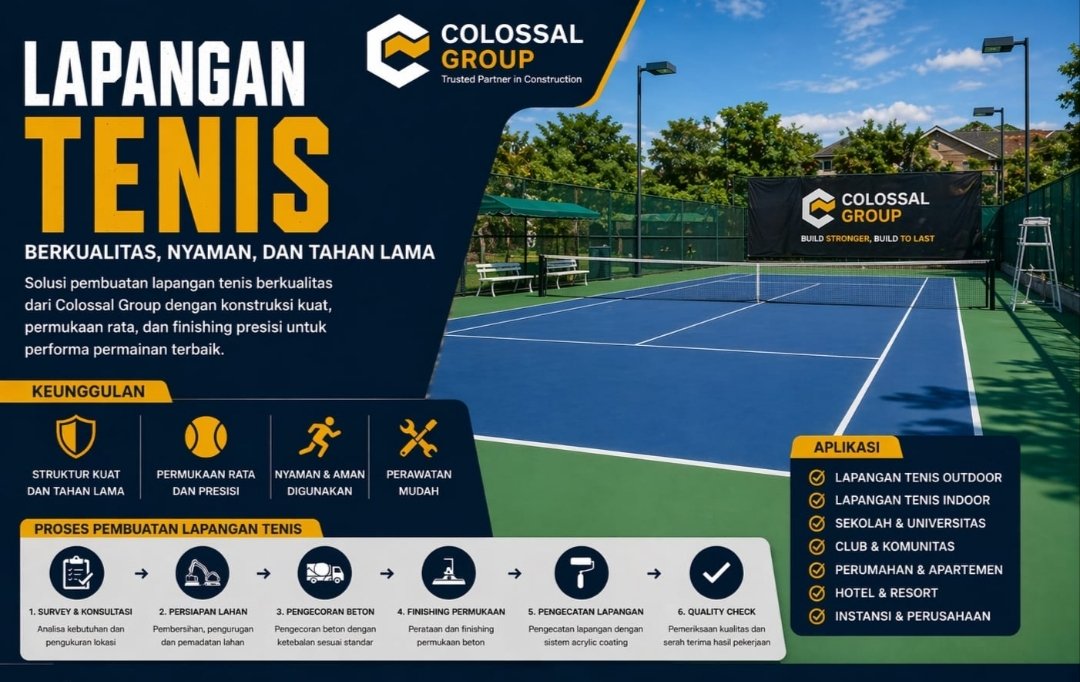 Konstruksi Lapangan Tenis Profesional Proses finishing lapangan tenis hard court menggunakan lapisan Flexi Pave anti slip dengan standar internasional